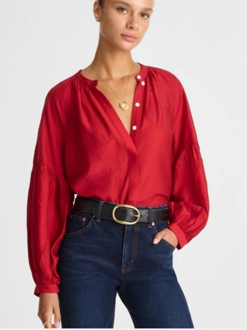 Women’s Red Bell Sleeve V-Neck Blouse